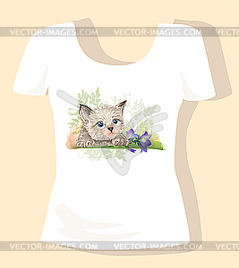 T-shirt design with kitten and bluebell - vector clipart