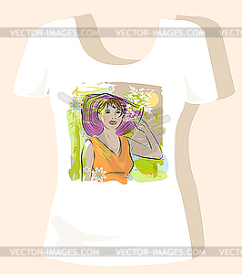 T-shirt design with young women in straw hat - vector image