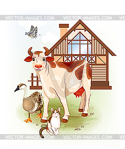 Cow, cat and goose. - vector image