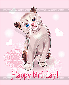 Happy birthday greeting card with little kitten - vector image