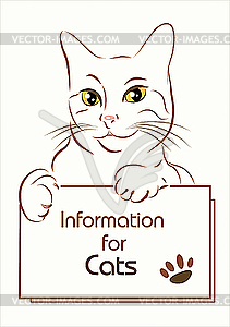 Adorable outline cat holding banner - vector clipart