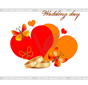 Wedding card with rings, hearts and butterflies - vector clipart