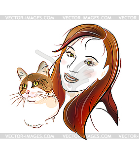 Портрет кошки имбирь и молодая девушка - векторный графический клипарт
