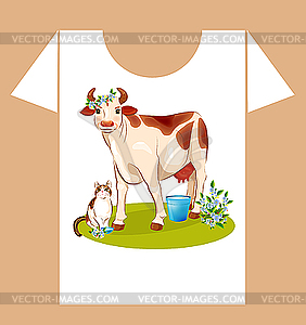 Childish t-shirt design with happy cow and cat - vector image