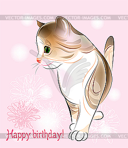 Happy birthday greeting card with little kitten - vector clip art