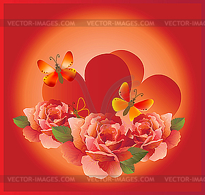 Romantic card with red roses and butterflies - vector image