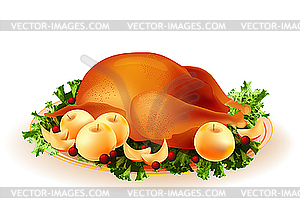 Traditional roasted chicken with apples and cowberry - vector image