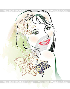 Watercolor portrait of young girl with flowers - vector clipart