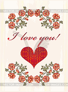 Valentines card with heart and red roses - vector clip art