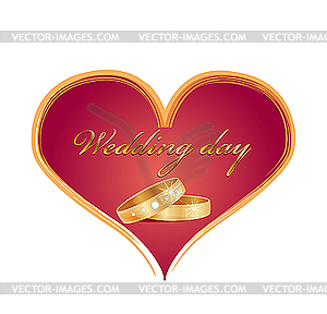 Wedding card with rings and red heart - vector clip art