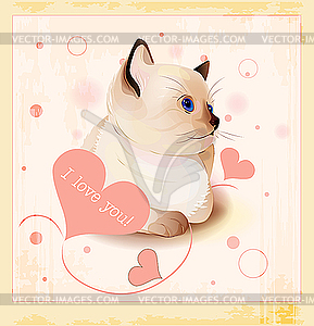 Valentines card with little kitten and hearts - vector clip art
