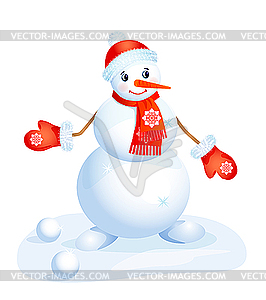 Милый снеговик в красной шапке и рукавицах - векторный рисунок