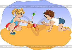 Small children plays in sandbox - vector clipart / vector image