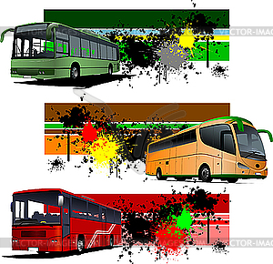 Три гранж-баннера с городскими автобусами - клипарт в векторе