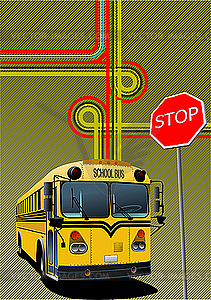 Yellow school bus and city junction. - vector clipart