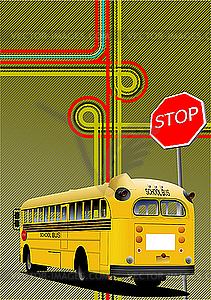 Желтый школьный автобус и городской узел. - клипарт