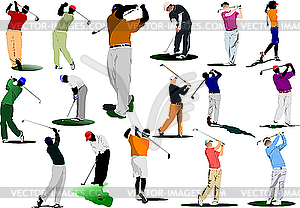 Sixteen Golfers hitting ball with iron club. - vector image