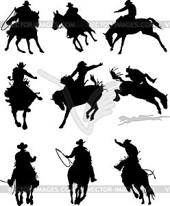Родео силуэты с лошадьми - векторное изображение