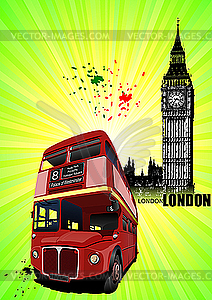 London poster with double decker red bus - vector image