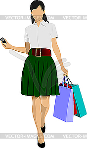 Cute shopping lady with bags - vector image