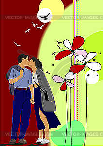 Flower background with kissing couple. - vector image