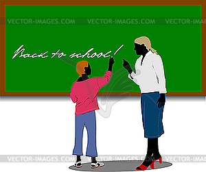 Woman teacher in classroom. Back to school. - vector clipart