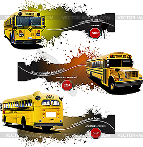 Three grunge banners with Yellow school buses - vector clipart