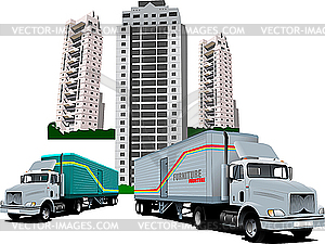 New Dormitory and two trucks. - color vector clipart