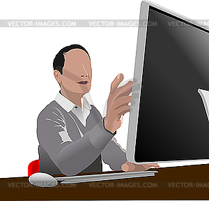 Handsome man sitting in front of computer. - vector image