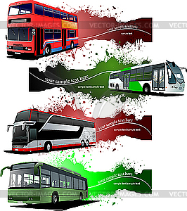 Four grunge Banners with city buses. - vector clipart