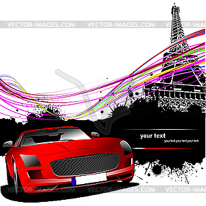 Красный автомобиль в Париже - векторное изображение EPS