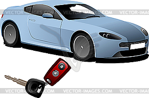 Blue car sedan and key ignition - vector image