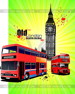 Poster with old London red double Decker bus - vector clip art