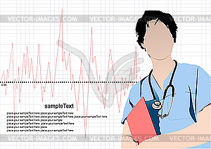 Doctor with stethoscope on cardiogram - vector image