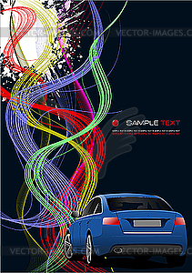 Grunge background with blue car - vector image