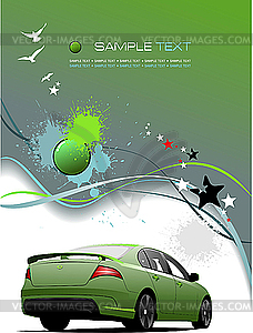 Green-Grey poster with green car - vector image
