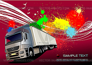 Red poster with lorry - vector clipart