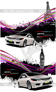 Two grunge posters with car in London and Paris - color vector clipart