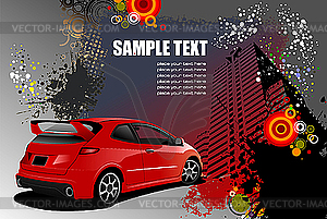 Grunge hi-tech poster with red car - vector image