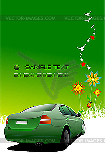 Green summer poster with car - vector clipart