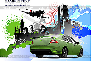 Grunge cityscape with car - vector clipart