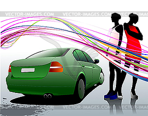 Car sedan and two girls - color vector clipart