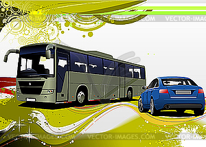 Grunge background with bus and car - vector clip art