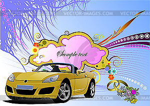 Grunge floral greeting wedding card with cabriolet - vector clipart