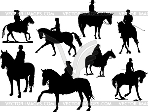 Eight horse rider silhouettes - royalty-free vector clipart