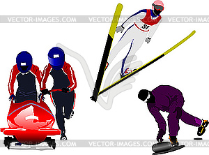 Winter sport silhouettes. Bobsleighing, ski jumping, curling - vector clipart
