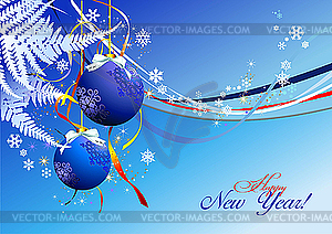 Christmas - New Year shine card with blue balls - vector image