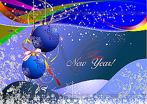 Christmas - New Year shine card with blue balls - vector image