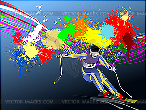 Grunge colored background with skier. - vector clipart