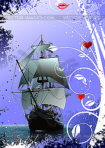 Decorative Valentine`s Day greeting card with ship - vector clipart